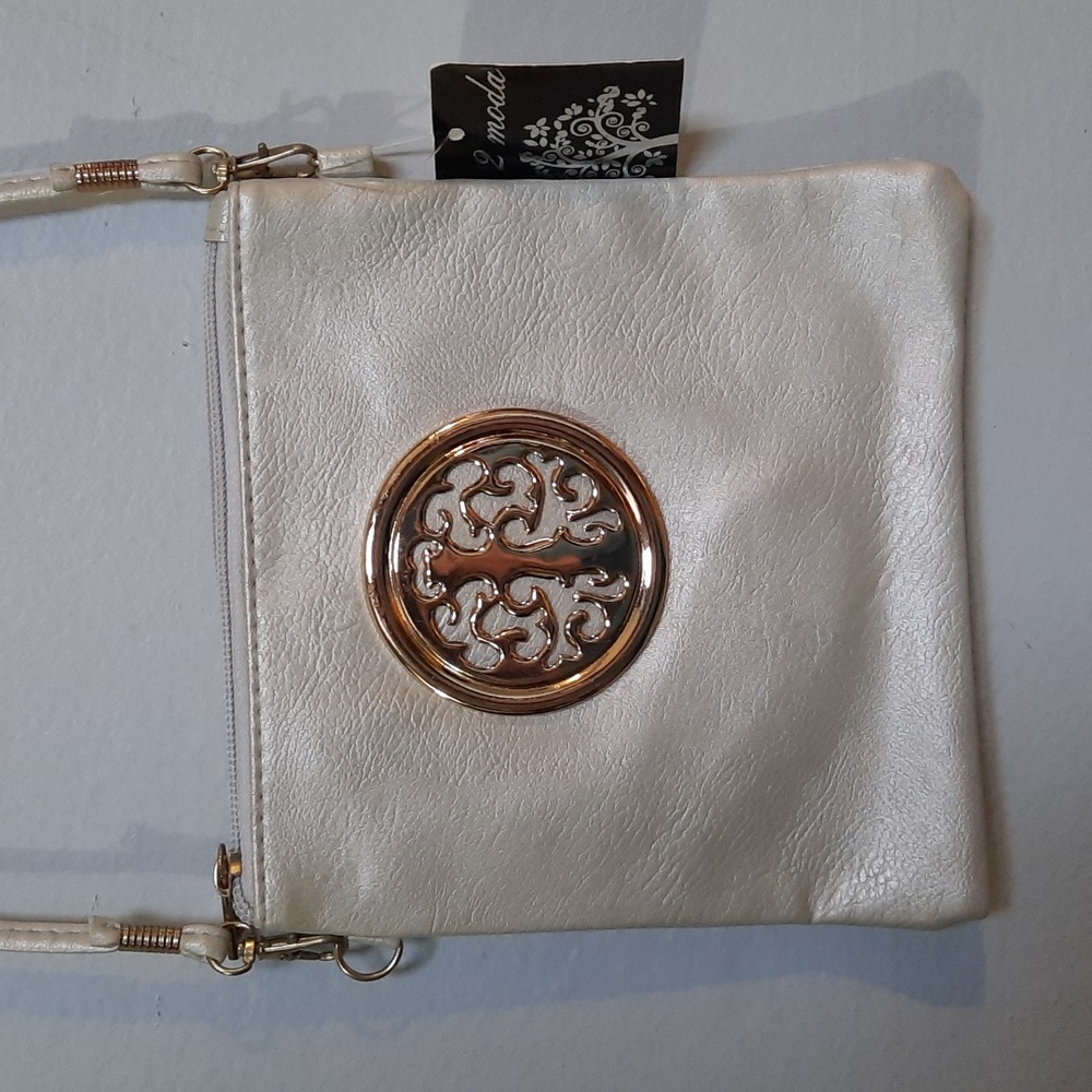 Silver Faux Leather Small Crossbody Purse Bag Zipper Closure Gold Metal Accents